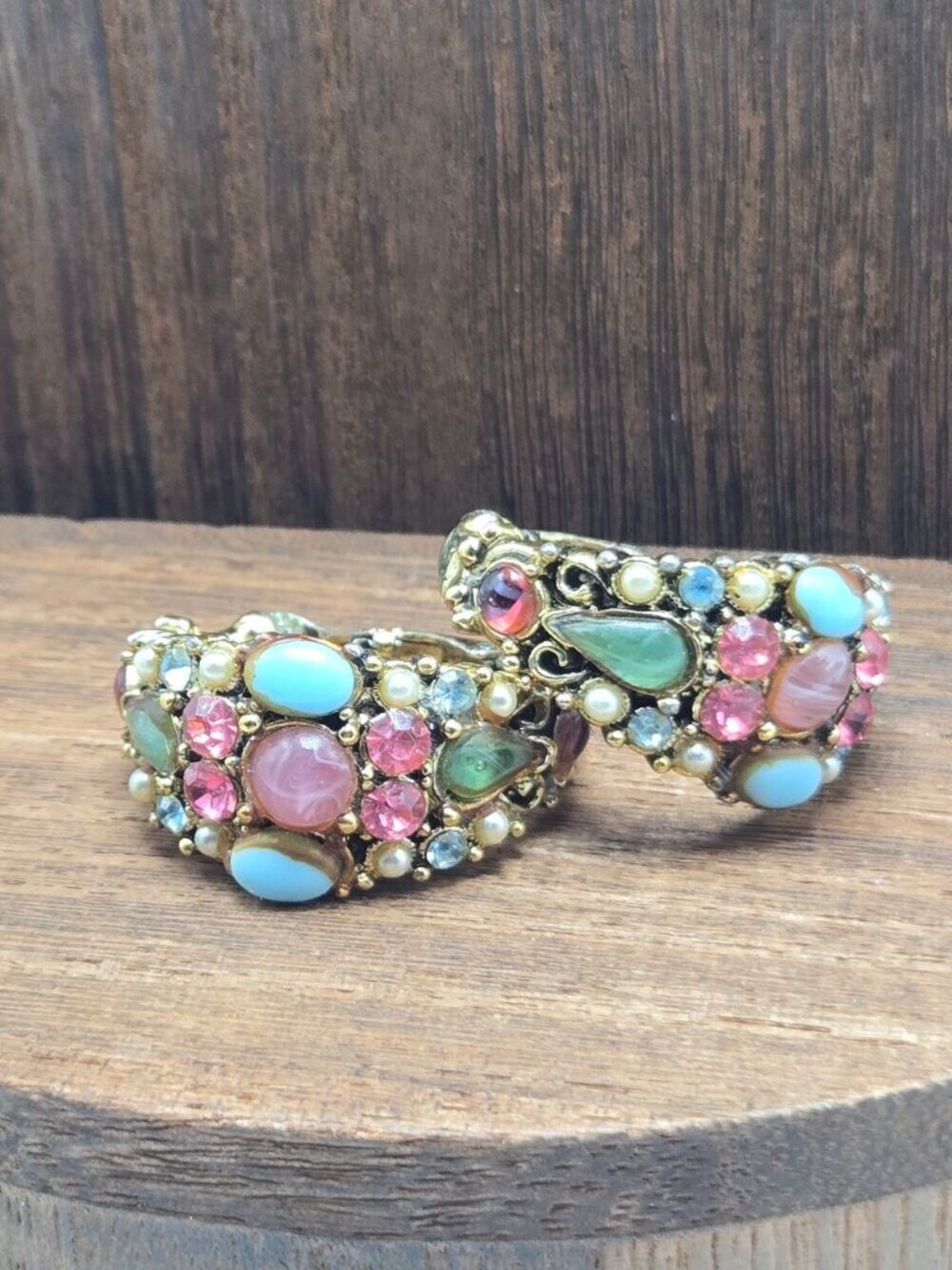80's Rhinestone Faux Pearl Earrings Clip-On Gold Tone Multi-Color Collectable